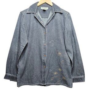 Easy Spirit Womens Denim Shirt With Floral Embroidery Size O